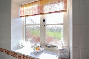 A bathroom with a window, a towel rack, and a tissue box. - Wheelwright's Cottage (Ipswich)