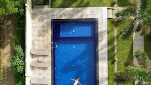 Vue aérienne d’une piscine rectangulaire dotée d’un plongeoir, entourée d’une terrasse en pierre et de palmiers.