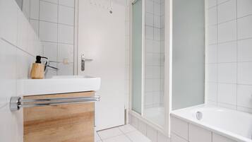 Hair dryer, towels, soap, toilet paper