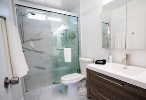 Shower, hair dryer, towels, soap