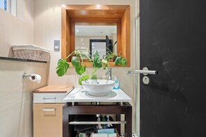 Séchoir à cheveux, serviettes fournies, savon, papier de toilette