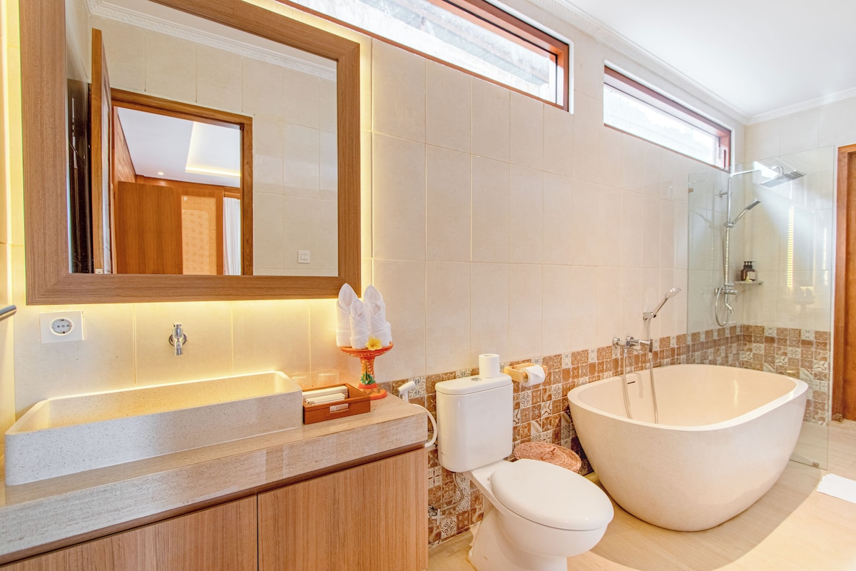 Une salle de bain moderne avec une baignoire sur pieds, un grand miroir et des toilettes.