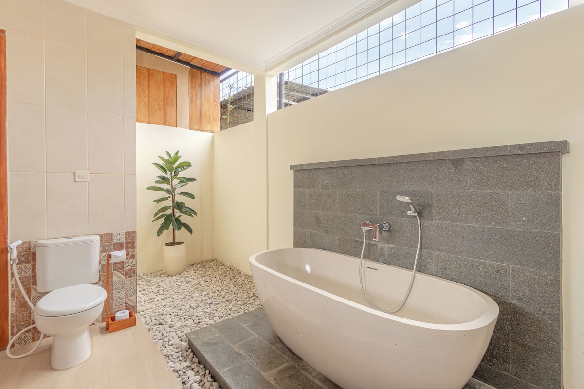 Une salle de bain moderne avec une baignoire sur pieds, des toilettes et une plante en pot.