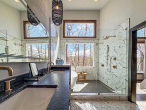 Shower, hair dryer, towels, shampoo
