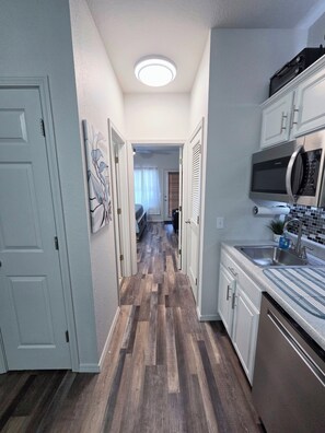 Fridge, microwave, dishwasher, coffee/tea maker