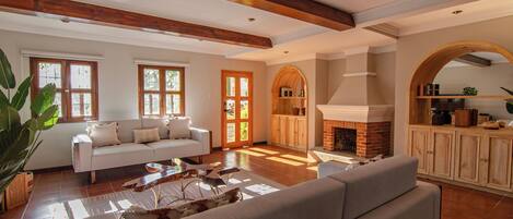 Smart TV, fireplace, books