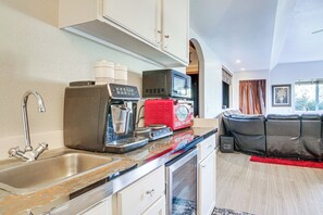 Fridge, microwave, coffee/tea maker, toaster