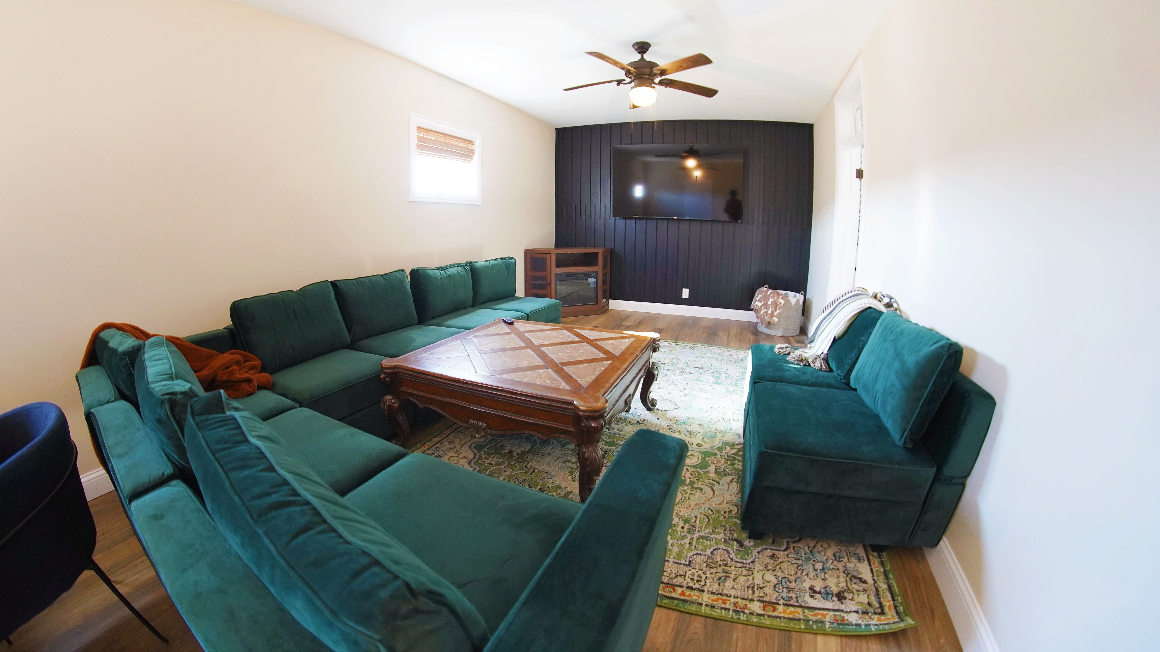 Smart TV, fireplace, DVD player, books