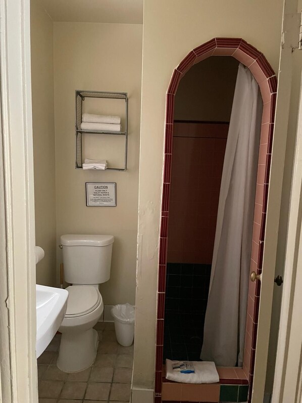 A small bathroom with a toilet, sink, and a shower stall. There is a sign on the wall indicating the use of the toilet. - Sierra Pelona Motel (Santa Clarita)