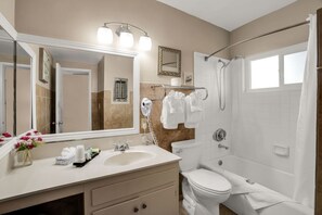 Hair dryer, towels, soap, toilet paper