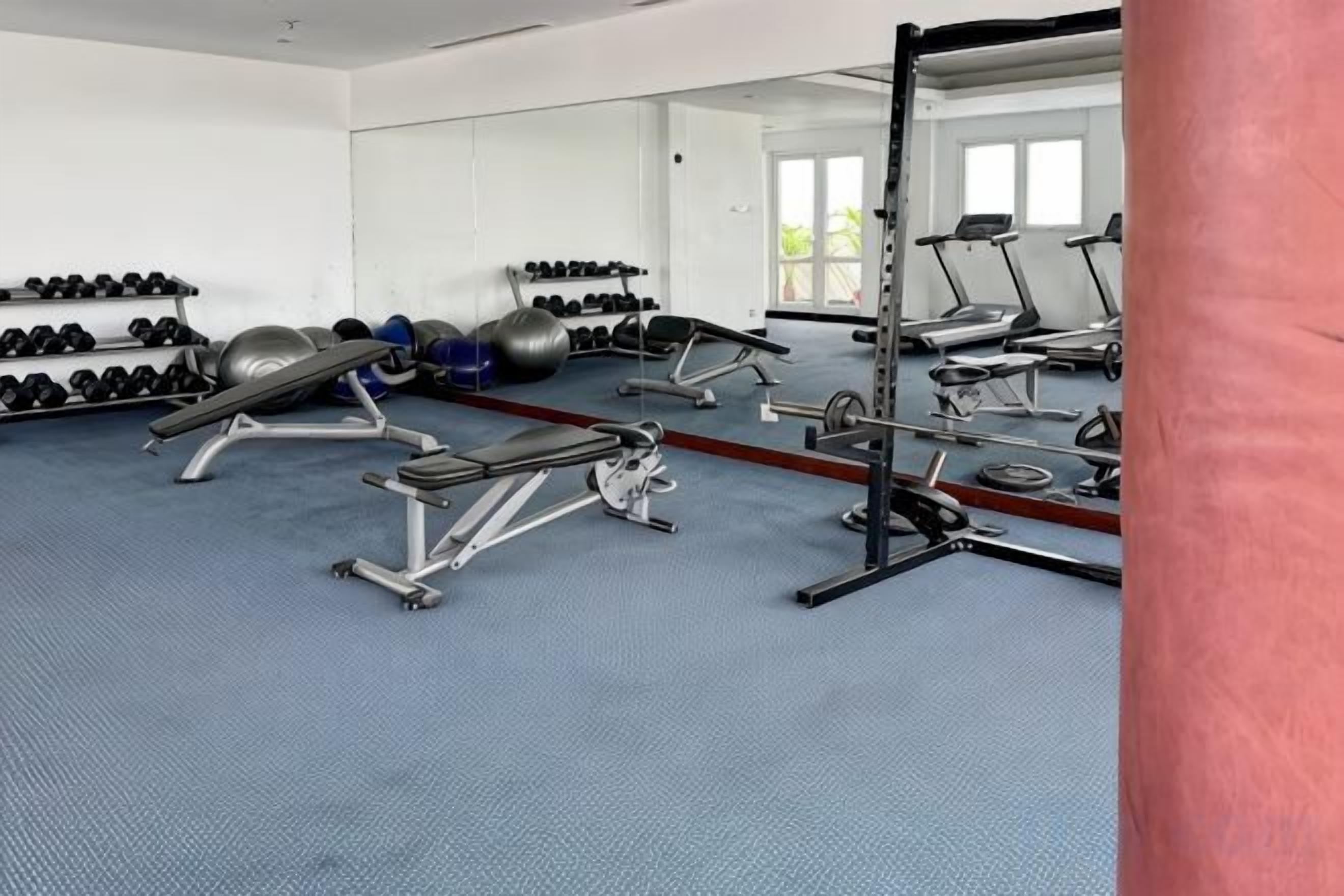 Une salle de sport équipée de matériel d’exercice, dotée d’un mur avec des miroirs et d’un porte-haltères.