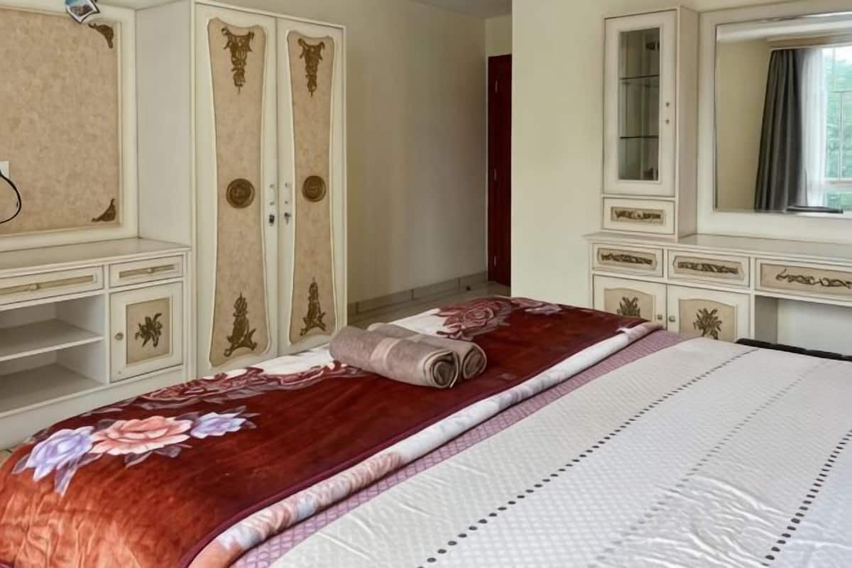 Een slaapkamer met een bed, een kledingkast en een spiegel.