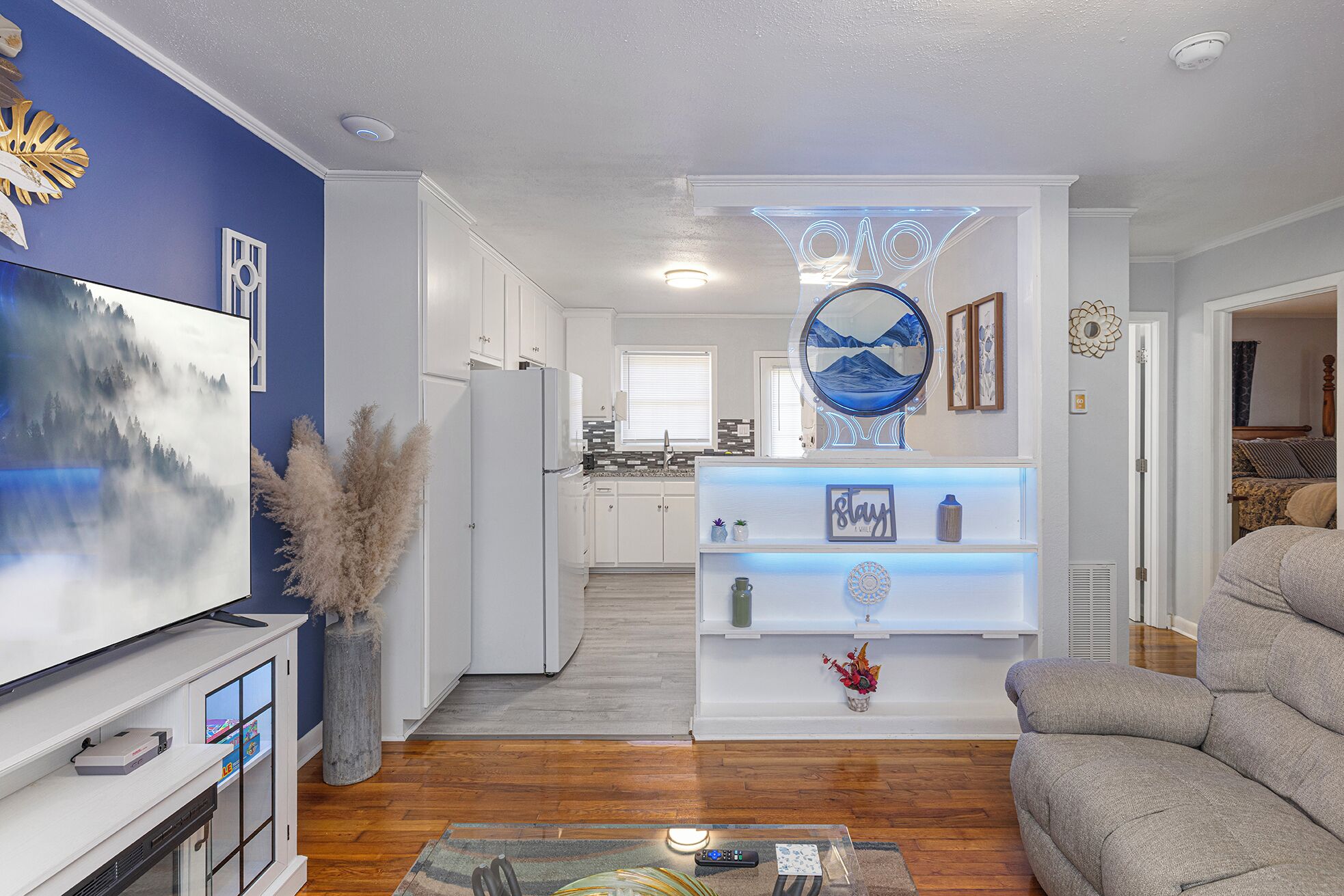 Smart TV, fireplace, video games, stereo