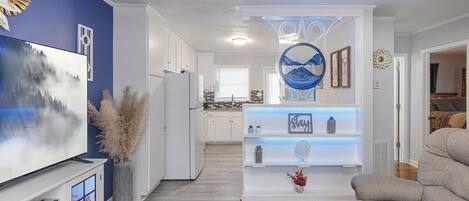 Smart TV, fireplace, video games, stereo