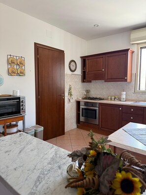 Fridge, oven, stovetop, coffee/tea maker