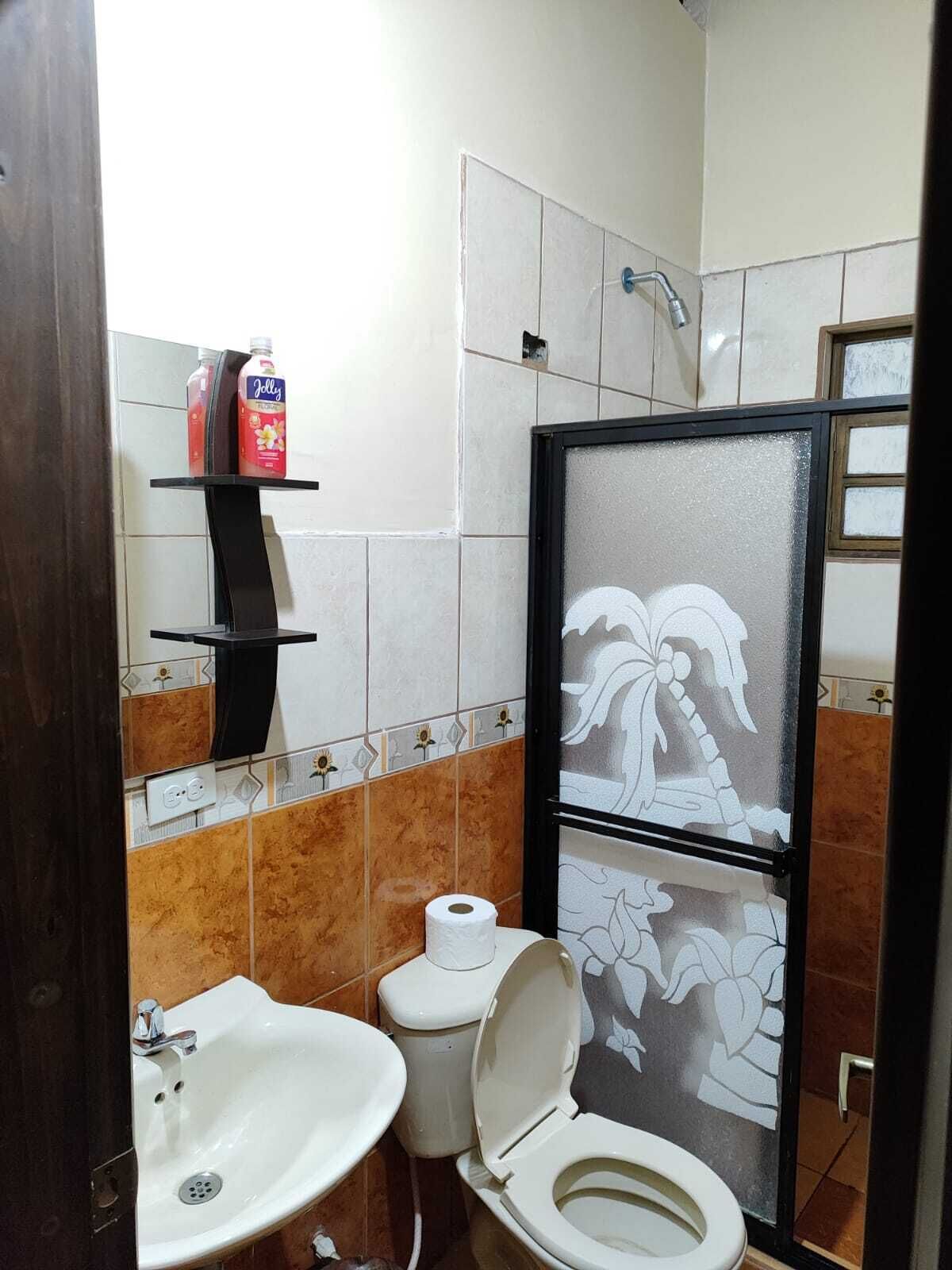 Une salle de bain avec des toilettes, un lavabo et une douche. On trouve des articles de toilette sur une étagère.