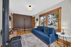 Smart TV, fireplace, books