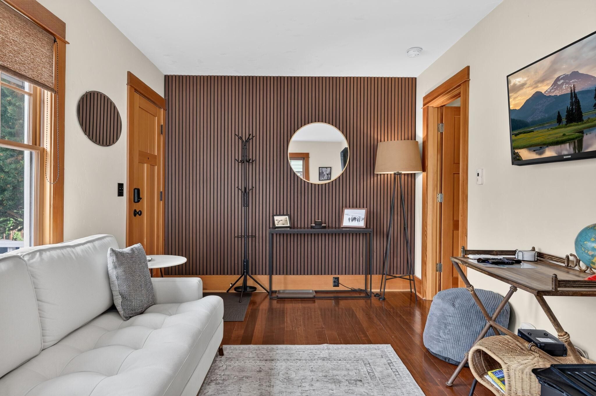 TV connectée, cheminée, livres