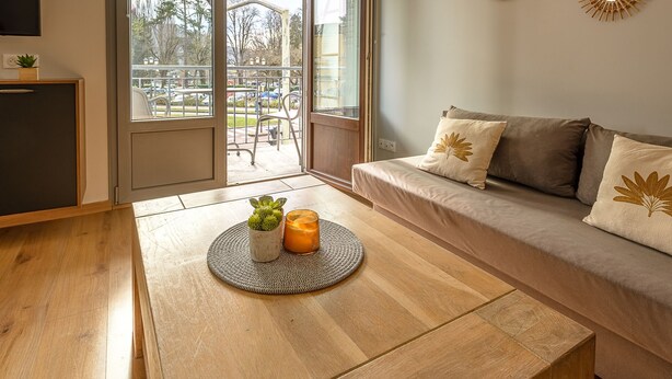 A modern living room with a wooden table, a sofa with decorative pillows, a mirror, and a view of the outdoors through a glass door.