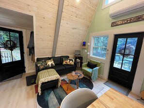 Smart TV, fireplace, books, music library