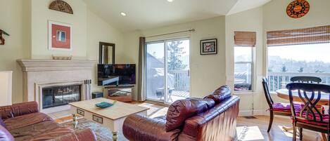 TV, fireplace, books, stereo