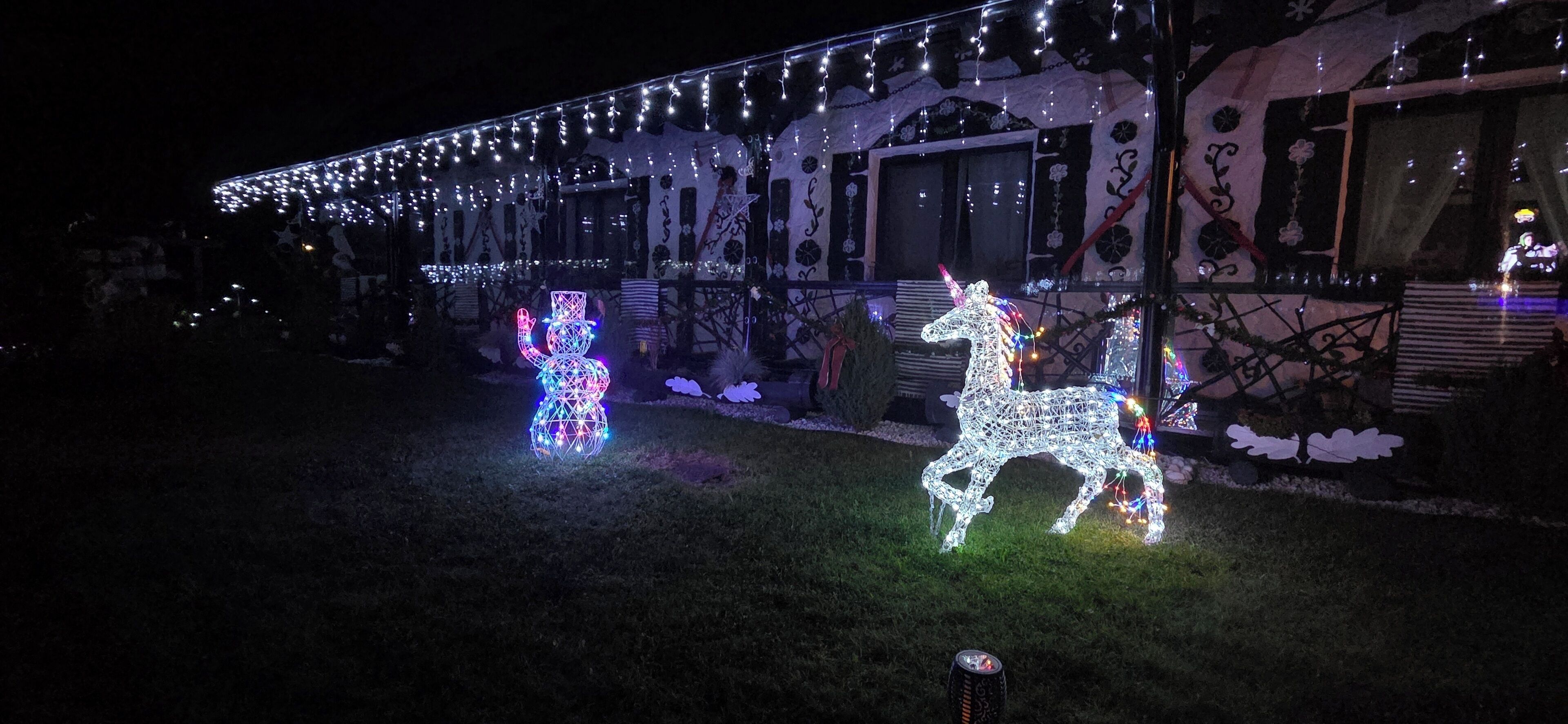 Un edificio decorado con luces de cuerda y un adorno de ciervo.