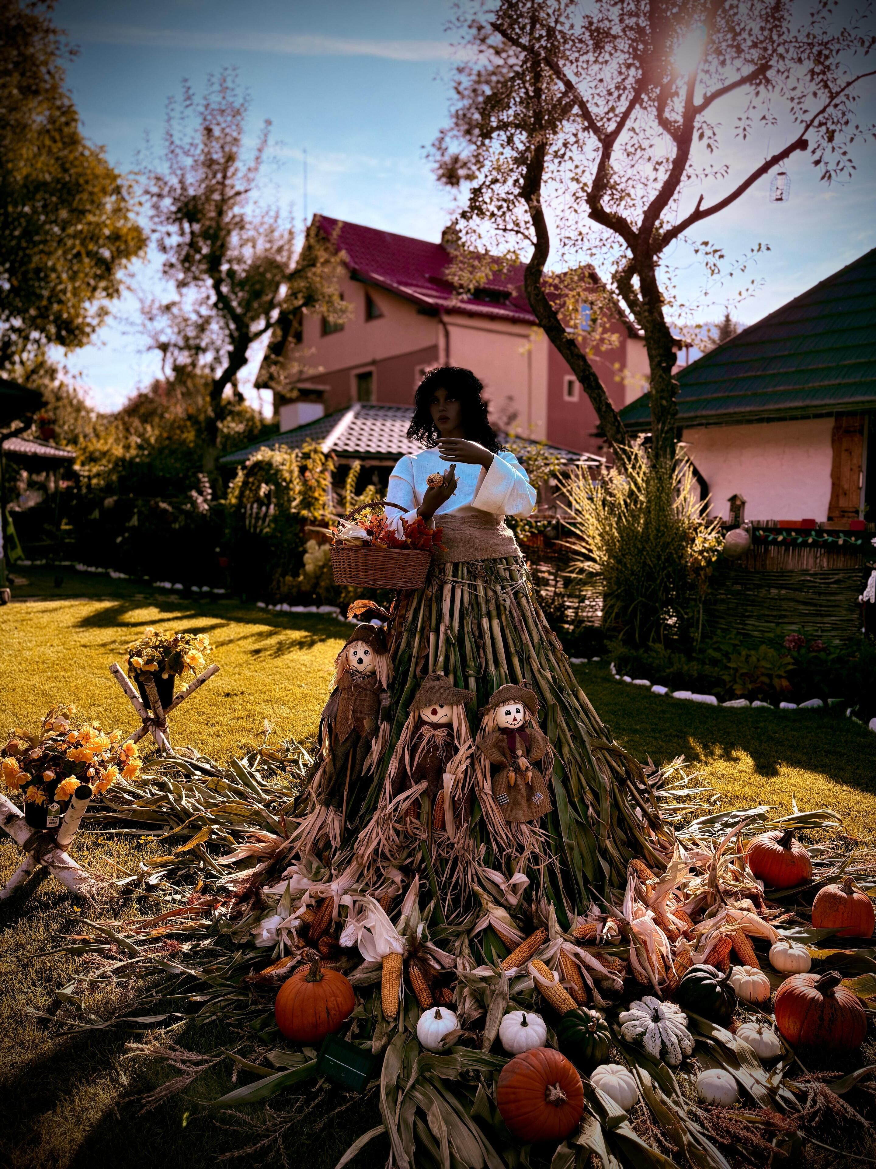 A person standing in a garden with a variety of pumpkins and corn on the ground.
