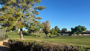 A golf course with a large tree in the foreground, a well-maintained lawn, and a clear blue sky.