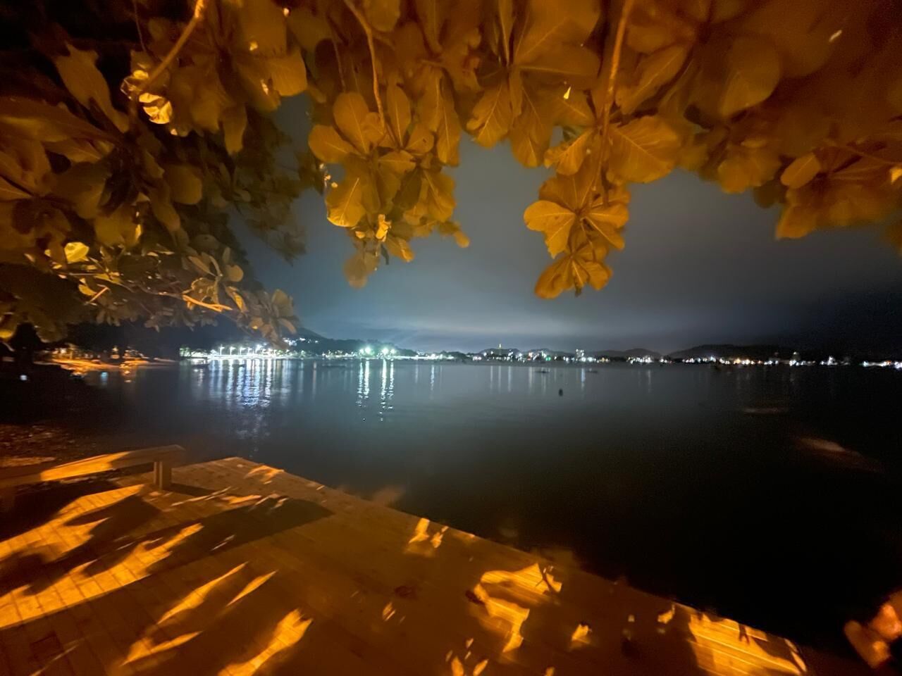 A nighttime view of a waterfront with illuminated buildings reflecting on the water, a dock with a railing, and a tree with yellow leaves in the foreground.