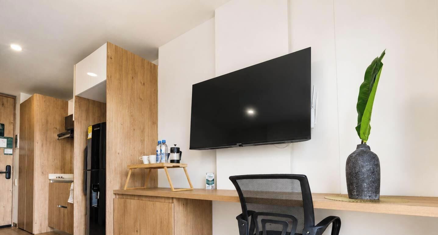 A modern kitchen with a built-in refrigerator, a flat-screen TV mounted on the wall, a wooden counter, and a potted plant.