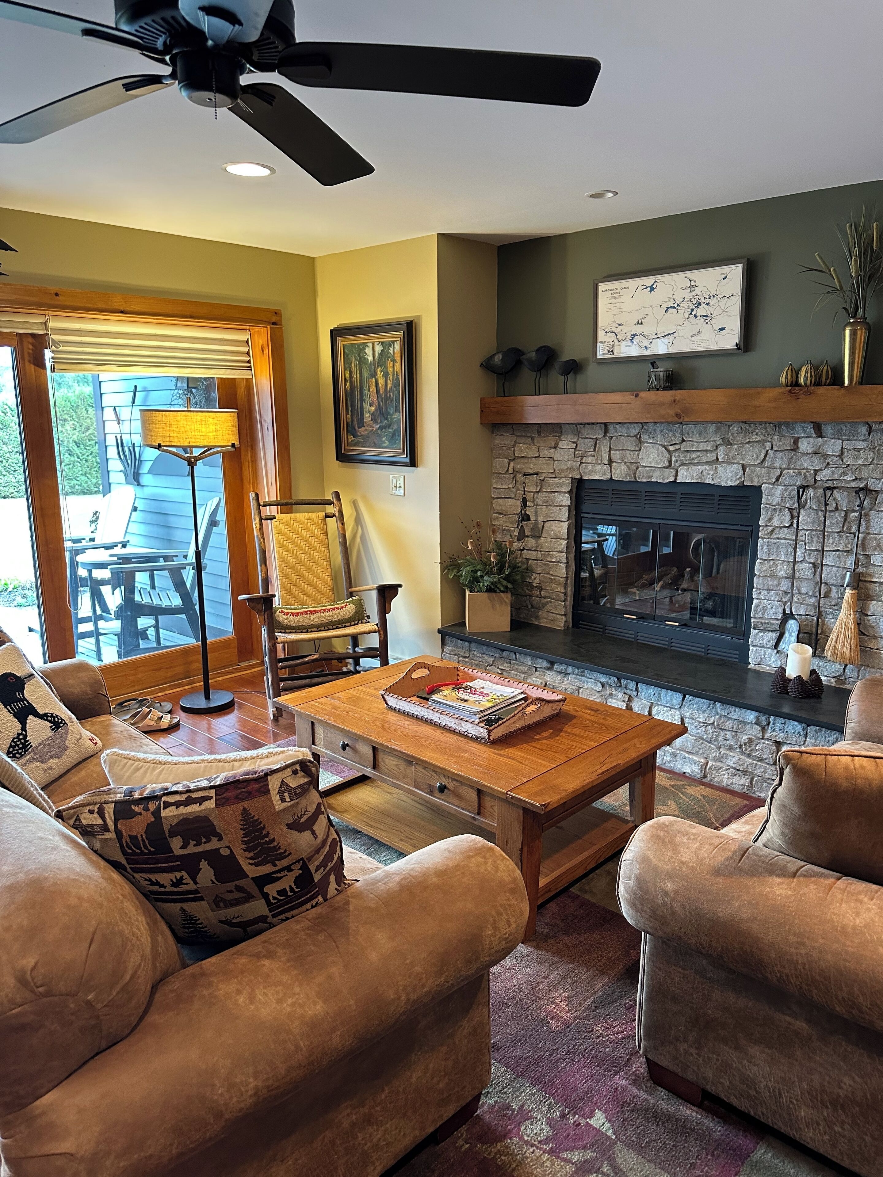 Smart TV, fireplace, books