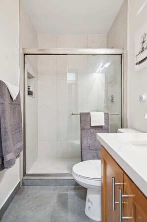 Shower, hair dryer, towels, soap - Serene 2-bedroom apartment with AC and W/D in San Jose. (San Jose)