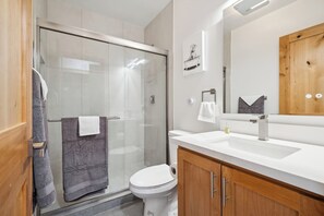 A modern bathroom with a glass shower enclosure, a toilet, a sink with a mirror, and wooden cabinets. - NEW, fast WI-FI, in unit W/D (San Jose)