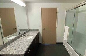 Hair dryer, towels, soap, toilet paper