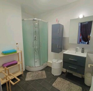 Hair dryer, towels, soap, toilet paper