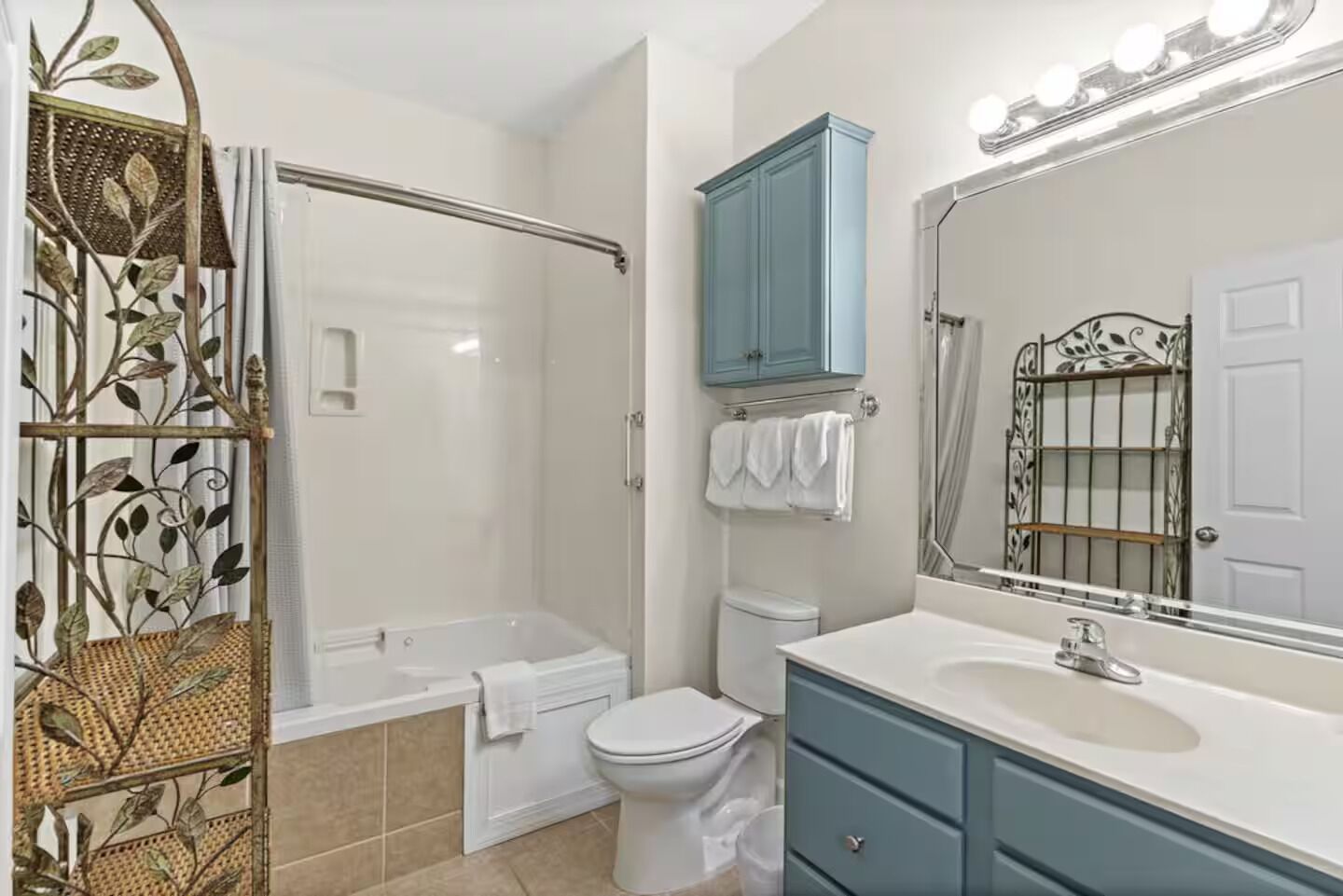 Jetted tub, hair dryer, towels, toilet paper