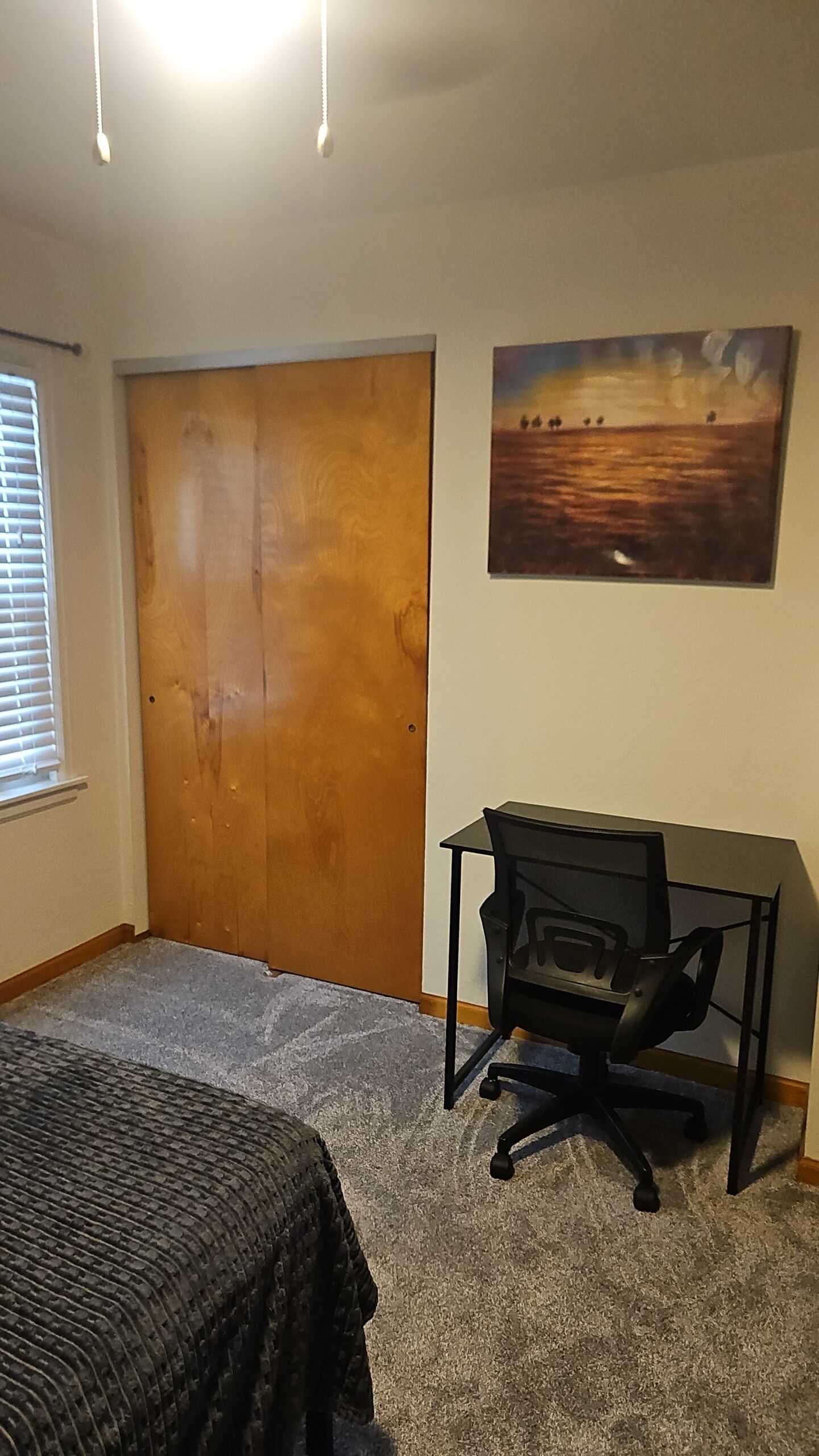 Een slaapkamer met een bed, een bureau met stoel, een houten deur en een schilderij aan de muur.