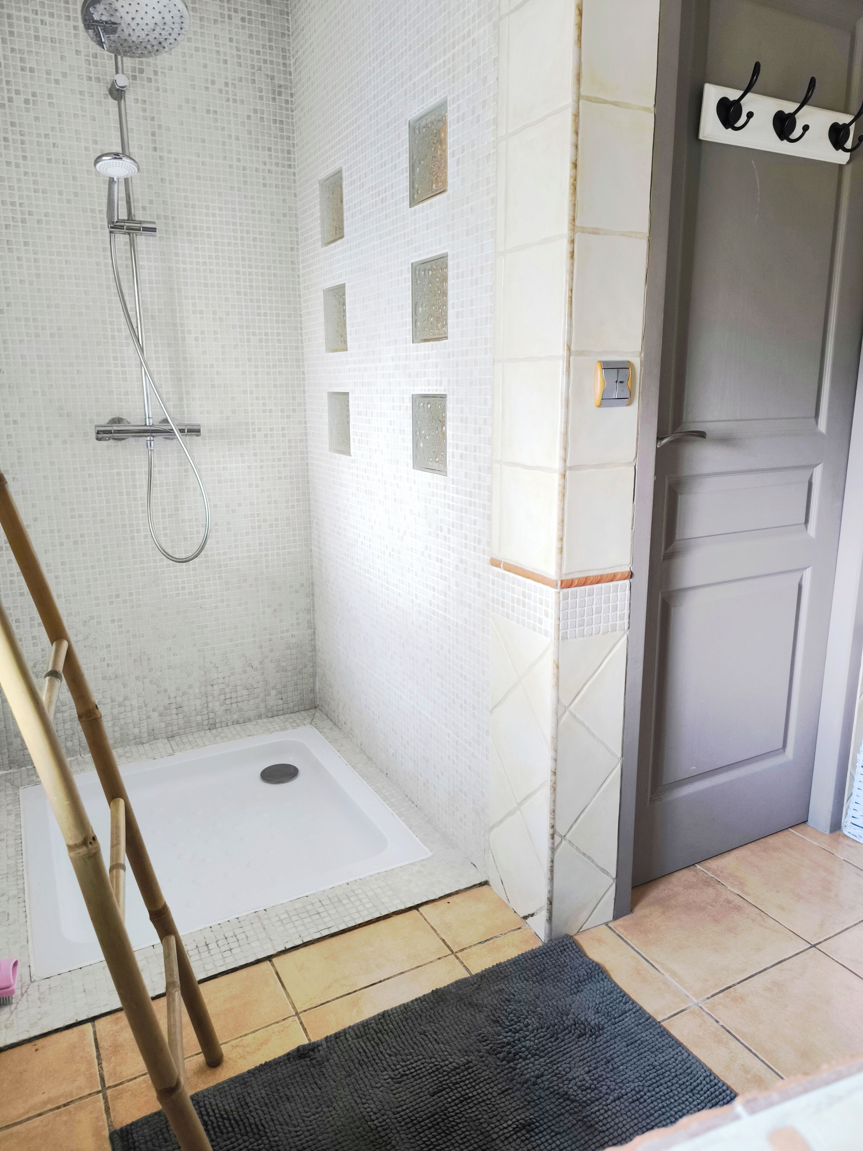 Shower, towels, soap, toilet paper