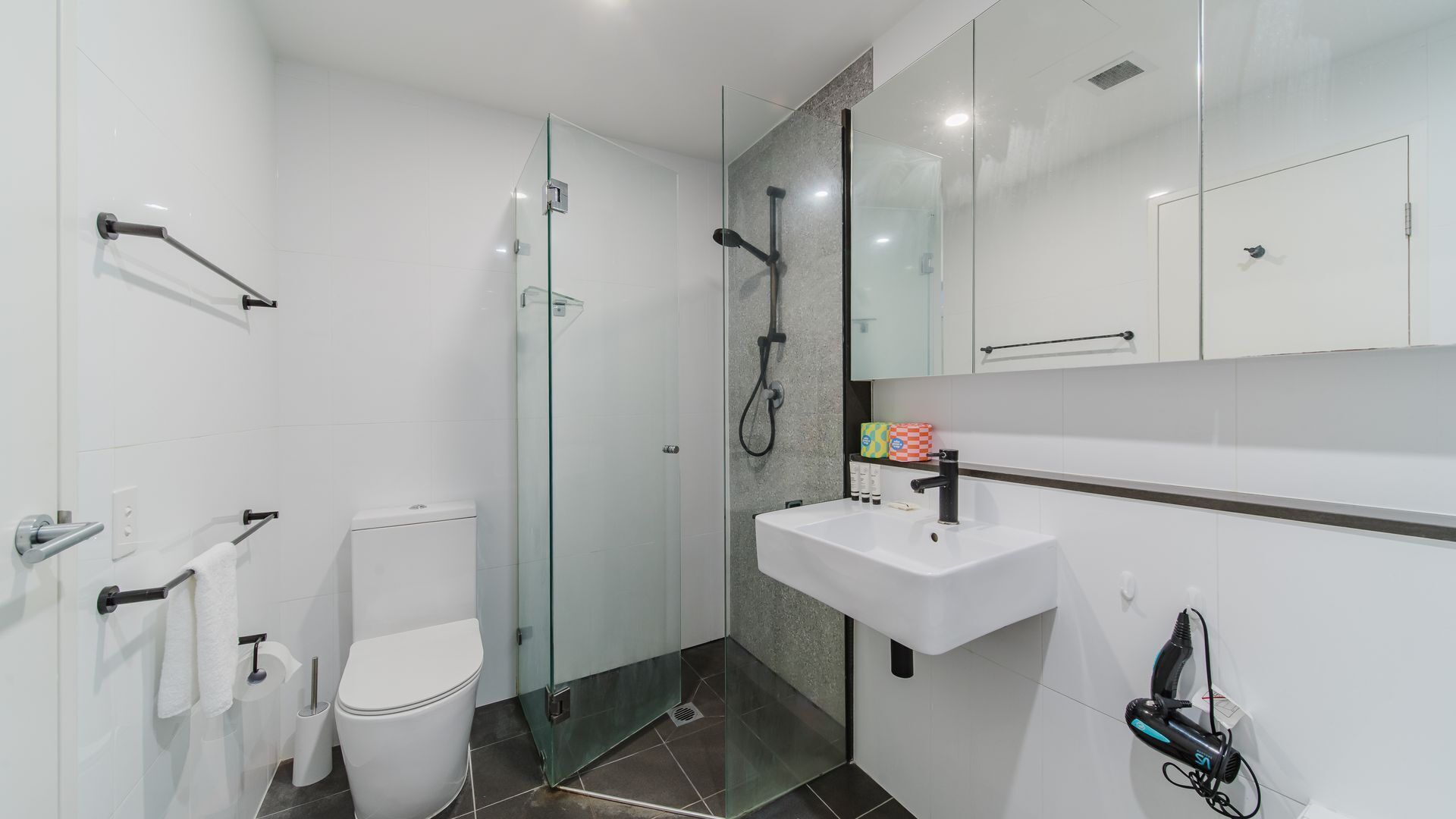 Un baño moderno con cabina de ducha de vidrio, un lavabo blanco y un inodoro.