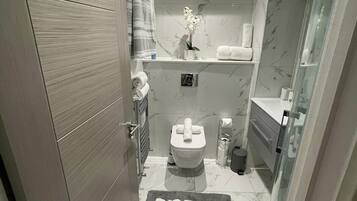 Regadera, secadora de cabello, toallas, jabón