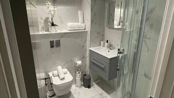 Shower, hair dryer, towels, soap