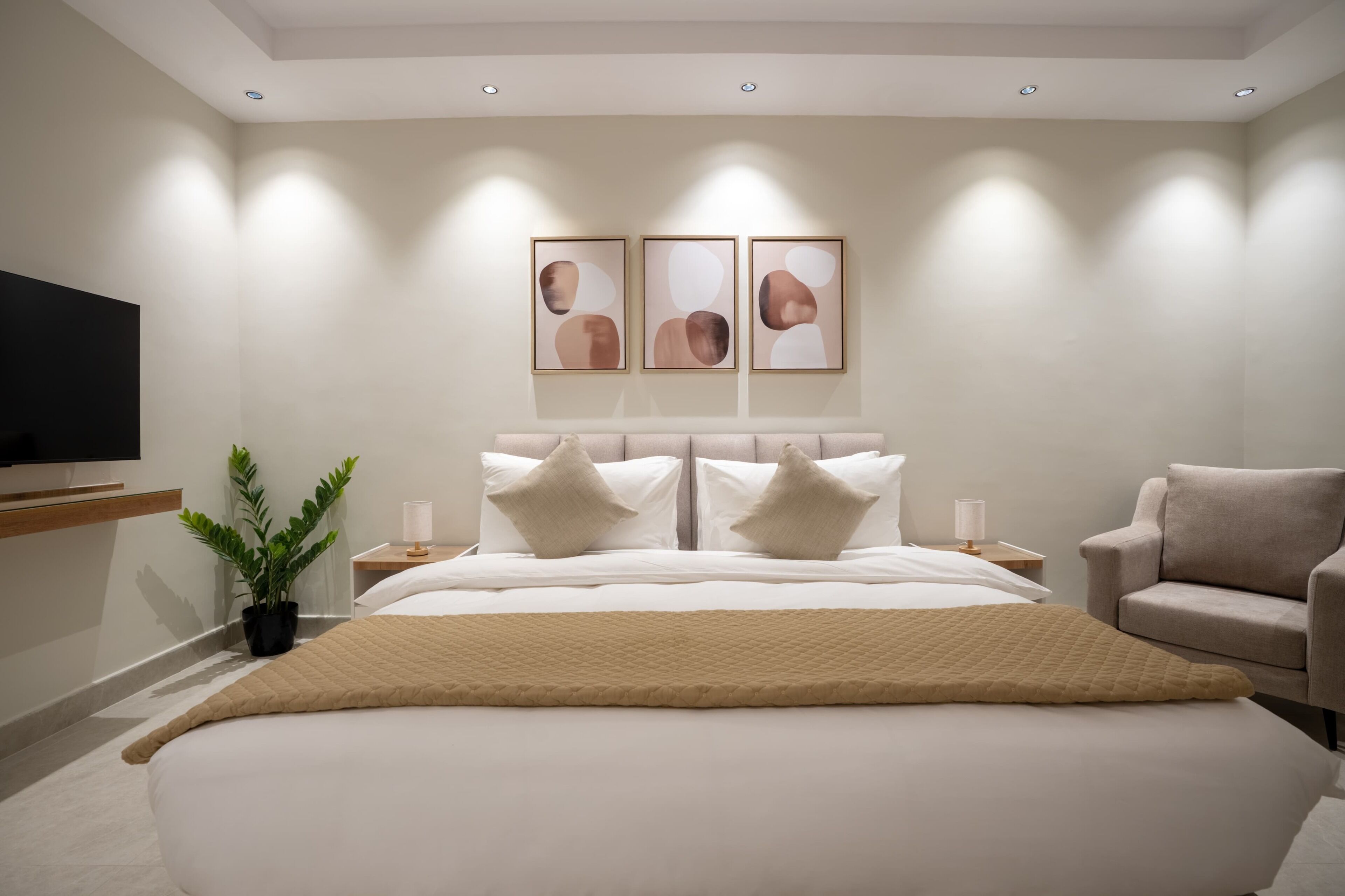 A modern bedroom with a large bed, bedside tables, a TV, and a plant.