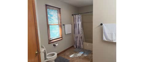 Hair dryer, towels, soap, toilet paper