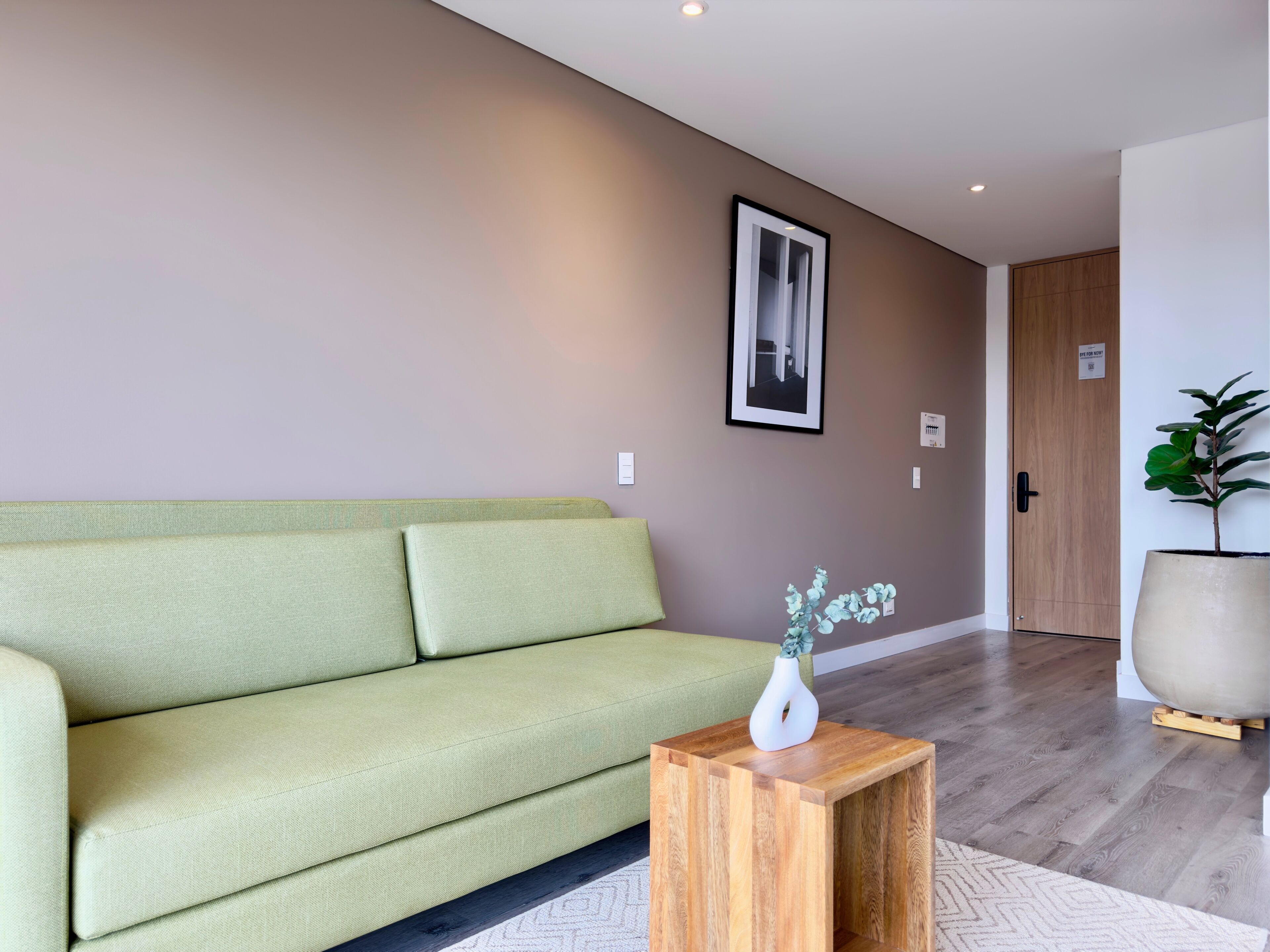 A modern living room with a green sofa, a wooden side table, and a large potted plant.