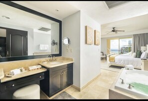 Jetted tub, hair dryer, towels, soap