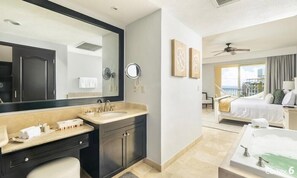 Jetted bath, hair dryer, towels, soap