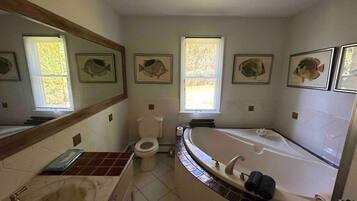 Jetted tub, hair dryer, towels, soap