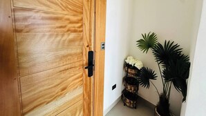 A wooden door with a black handle, a white wall, and a corner with potted plants and baskets.