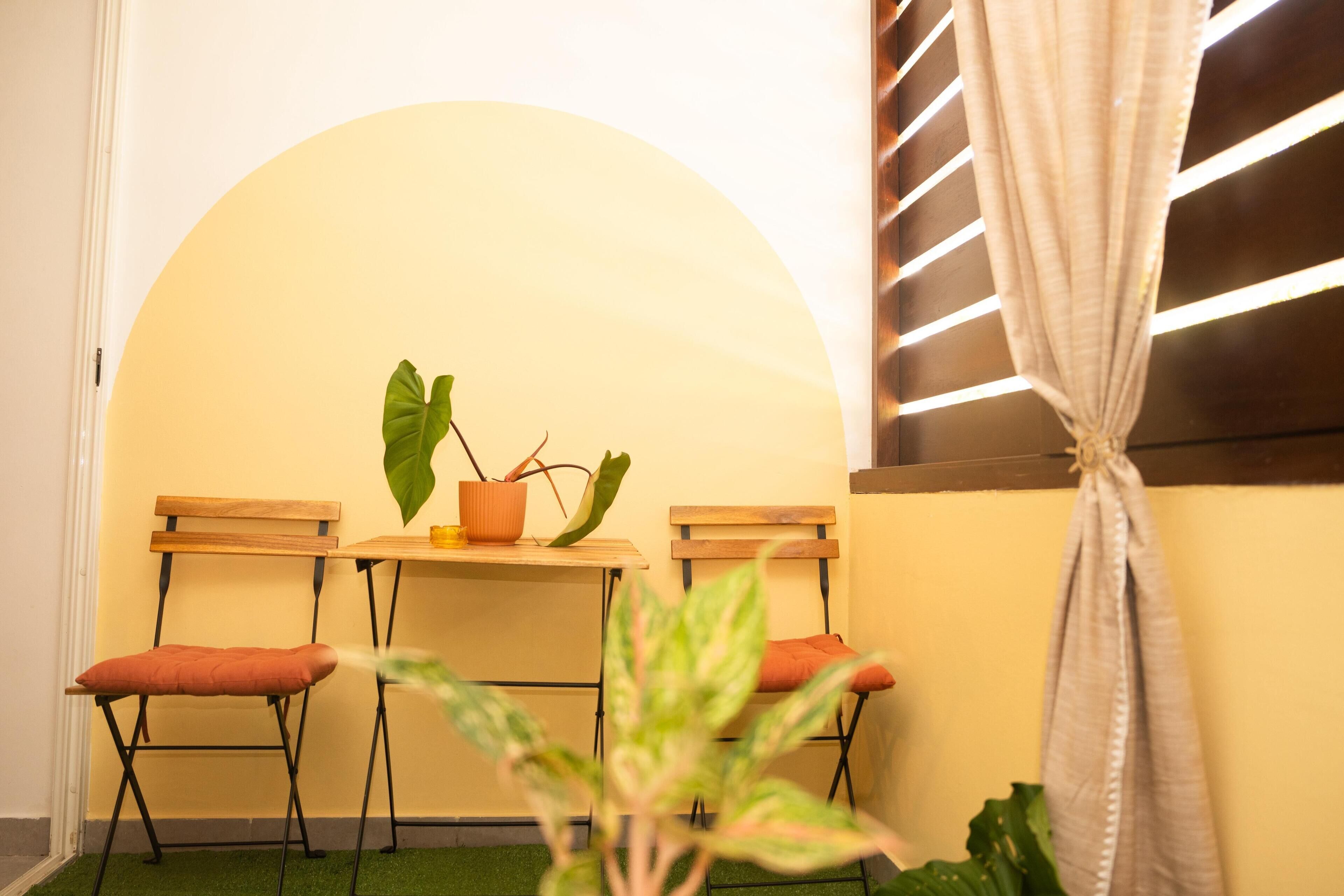 A small room with a table, two chairs, a potted plant, and a curtain.