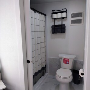 Shower, hair dryer, towels, soap
